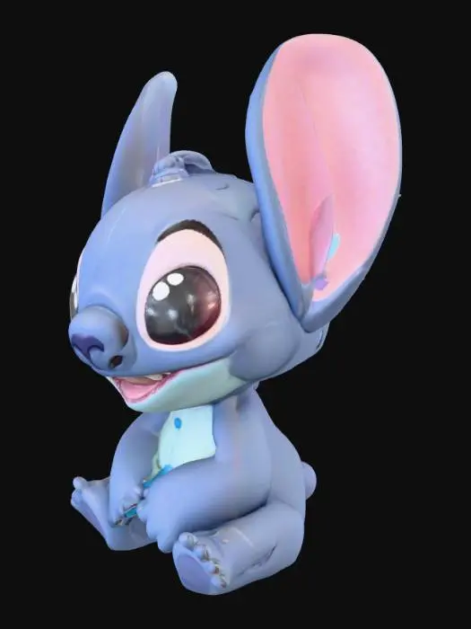 3D model for 3D model of Stitch from Lilo & Stitch, chibi style, kawaii, big sparkling eyes, small body, cute proportions, pastel colors, soft textures, highly detailed, cartoonish, adorable expression, sitting pose, low-poly style for 3D modeling, stylized, suitable for 3D printing or game asset, cinematic lighting
