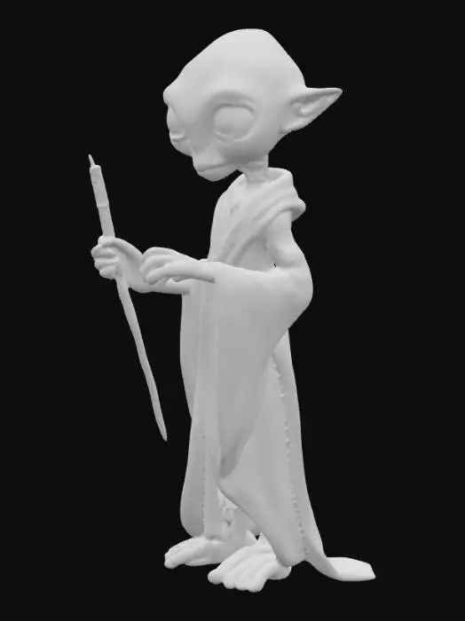 3D model for Create a highly detailed, high-poly 3D model of a stick incense holder shaped like an alien. The alien has an elegant, humanoid form with large expressive eyes, smooth but slightly textured skin, and subtle biomechanical details. The alien holds a groove or small cup in its hands to support a stick incense. Include intricate details such as fingers, facial features, and folds in the skin. The model is fully optimized for resin HD 3D printing, with clean topology, printable geometry, and a stable base. Ultra-realistic textures and high-resolution sculpting suitable for miniature figurine-scale printing."