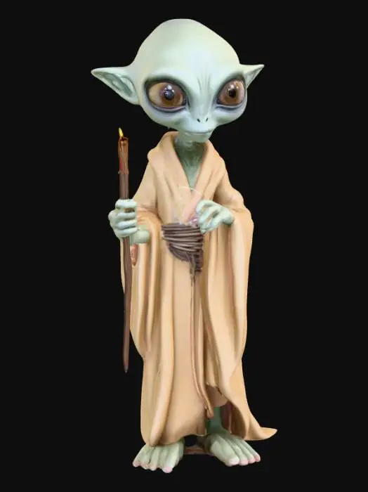 3D model for Create a highly detailed, high-poly 3D model of a stick incense holder shaped like an alien. The alien has an elegant, humanoid form with large expressive eyes, smooth but slightly textured skin, and subtle biomechanical details. The alien holds a groove or small cup in its hands to support a stick incense. Include intricate details such as fingers, facial features, and folds in the skin. The model is fully optimized for resin HD 3D printing, with clean topology, printable geometry, and a stable base. Ultra-realistic textures and high-resolution sculpting suitable for miniature figurine-scale printing."