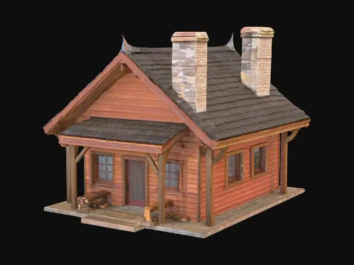 3D model for A rustic Craftsman-style birdhouse, crafted from dark, natural wood with exposed beams and a low-pitched roof covered in rough, overlapping cedar shakes. Its sturdy appearance is enhanced by a prominent stone chimney on one side. Small, square multi-pane windows are recessed, and a simple, broad entry hole is cut into its textured wooden facade. A miniature, open-air porch with thick, square columns adds to its handcrafted, earthy appeal.