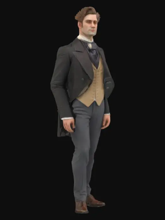 3D model for The character is a refined, vintage-styled gentleman, dressed in elegant period attire. He wears a dark suit jacket with a structured cut, draping over his shoulders with a distinguished presence. Beneath the jacket, he has a light-colored, high-collared vest, neatly buttoned and tailored to fit snugly. A dark cravat, carefully tied, wraps around his neck, adding a sophisticated touch.

One of his defining accessories is a large, oval-shaped blue pendant, suspended on a necklace, resting at the center of his chest—a striking detail that draws the eye. His wavy hair falls just above his ears and neck, with soft texture and movement that enhances his aristocratic aura.