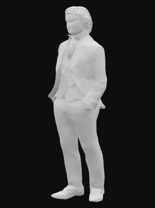 3D model for The character is a refined, vintage-styled gentleman, dressed in elegant period attire. He wears a olive green jacket with a structured cut, draping over his shoulders with a distinguished presence. Beneath the jacket, he has a light-brown, high-collared vest, neatly buttoned and tailored to fit snugly. A dark cravat, carefully tied, wraps around his neck, adding a sophisticated touch.

One of his defining accessories is a large, oval-shaped blue pendant, suspended on a necklace, resting at the center of his chest—a striking detail that draws the eye. His wavy hair falls just above his ears and neck, with soft texture and movement that enhances his aristocratic aura.