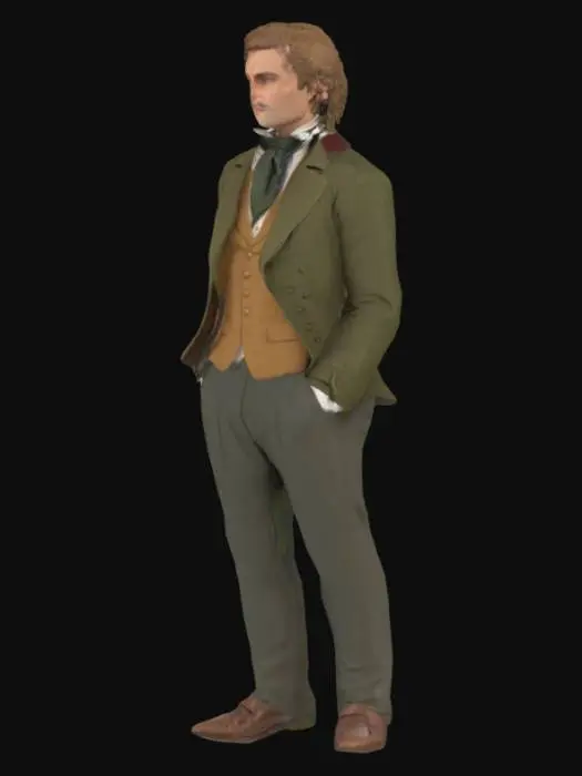 3D model for The character is a refined, vintage-styled gentleman, dressed in elegant period attire. He wears a olive green jacket with a structured cut, draping over his shoulders with a distinguished presence. Beneath the jacket, he has a light-brown, high-collared vest, neatly buttoned and tailored to fit snugly. A dark cravat, carefully tied, wraps around his neck, adding a sophisticated touch.

One of his defining accessories is a large, oval-shaped blue pendant, suspended on a necklace, resting at the center of his chest—a striking detail that draws the eye. His wavy hair falls just above his ears and neck, with soft texture and movement that enhances his aristocratic aura.
