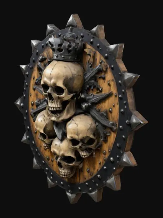 3D model for #emblem#, heraldic medieval emblem full of skulls, portraying black death, made of wood and crudely crafted aged metal