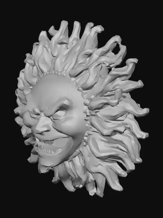 3D model for oriental bronze sun statue with green patina and moss, ancient dating, sinister grin of the sun and mad piercing look