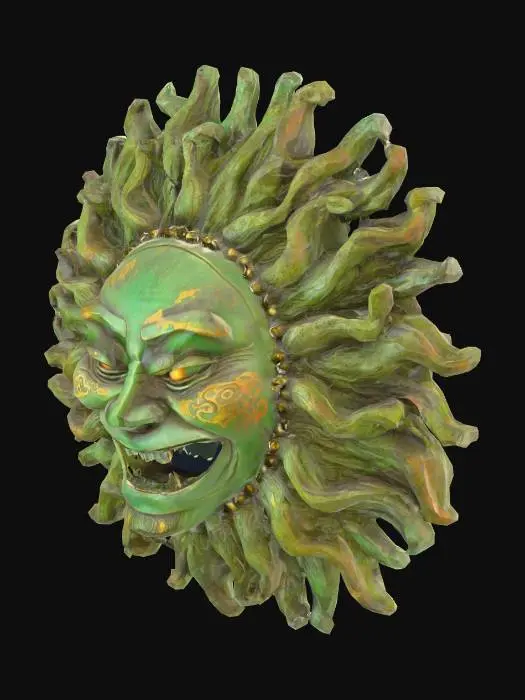 3D model for oriental bronze sun statue with green patina and moss, ancient dating, sinister grin of the sun and mad piercing look