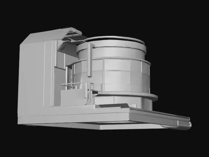3D model for large futuristic research facility building exterior, sleek sci-fi architecture, glowing neon panels and glass sections, advanced technology institute design, low poly style, game ready environment asset, low poly futuristic architecture, modular environment piece, sci-fi research facility, game ready asset, optimized topology, under 5k triangles for roblox