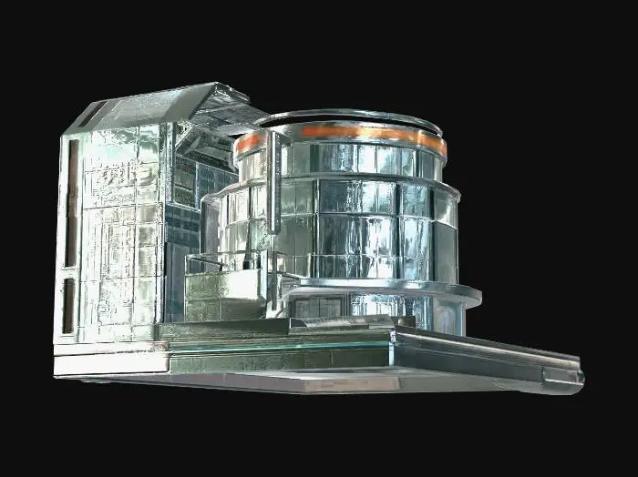 3D model for large futuristic research facility building exterior, sleek sci-fi architecture, glowing neon panels and glass sections, advanced technology institute design, low poly style, game ready environment asset, low poly futuristic architecture, modular environment piece, sci-fi research facility, game ready asset, optimized topology, under 5k triangles for roblox