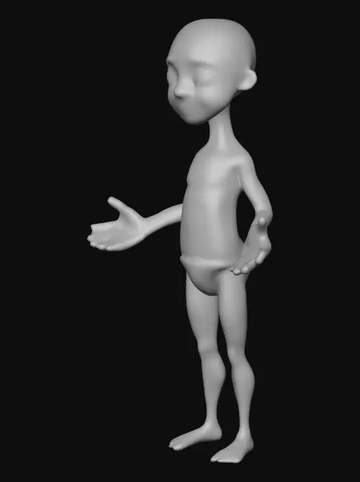 3D model for bald, naked Looney Toons style cartoon young man large eyes, large nose, pear shaped body, standing