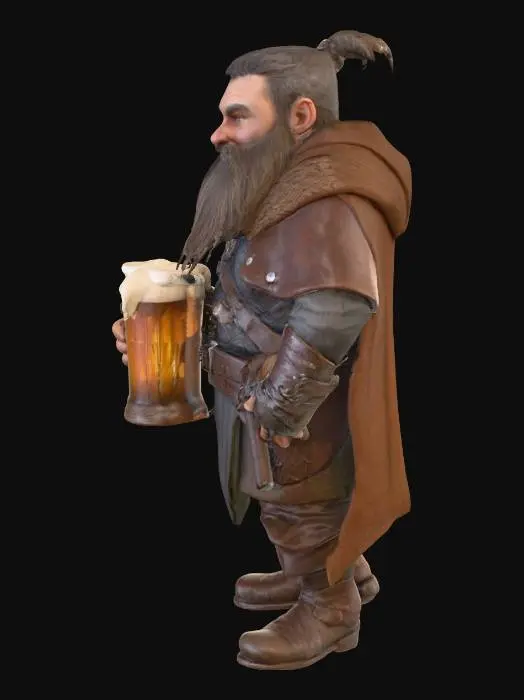 3D model for Ein stämmiger Zwerg, 1,2 m groß, kräftiger Bart mit Zöpfen, wettergegerbtes Gesicht, trägt lederne Rüstung und Umhang, rechte Hand hält einen großen hölzernen Bierkrug mit Schaum, stehende Pose, leichte Drehung zum Betrachter, detaillierte PBR-Texturen, realistische Proportionen, warmes Seitenlicht, leichte Schmutz- und Lederalterung, hochdetailliert.