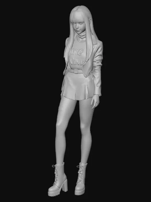 3D model for Vygeneruj ženu goticko-emo štýlu, vysokú cca 160cm max, ktorá bude mať na sebe kotníkové čiernobiele topánky, čierne legíny, čiernu minisukňu, čierne tričko s bielým textom cez 1 plece a na tom crop-koženku. Nech má čierne vlasy, rovné pod plecia s ofinou cez čelo, hnedé oči, výrazný očný makeup - čierna farba.