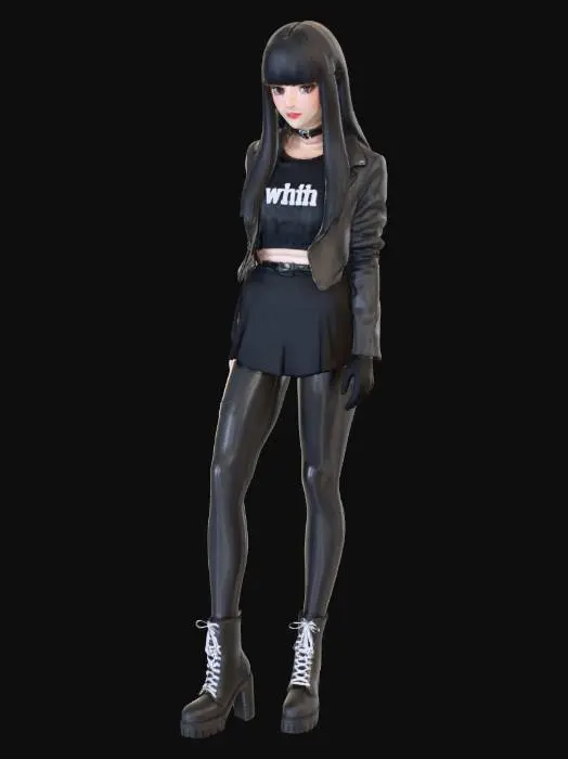 3D model for Vygeneruj ženu goticko-emo štýlu, vysokú cca 160cm max, ktorá bude mať na sebe kotníkové čiernobiele topánky, čierne legíny, čiernu minisukňu, čierne tričko s bielým textom cez 1 plece a na tom crop-koženku. Nech má čierne vlasy, rovné pod plecia s ofinou cez čelo, hnedé oči, výrazný očný makeup - čierna farba.