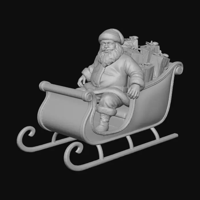 3D model for Un allegro Babbo Natale, robusto e gioviale, siede in un'ornata slitta di legno lucido con pattini dorati. Indossa un vibrante abito di velluto rosso bordato di soffice pelliccia bianca e stivali di pelle nera. Il suo viso è roseo con una lunga barba bianca e un sorriso caloroso. La slitta è colma di pacchi natalizi splendidamente incartati di varie dimensioni, con carta lucida in colori festivi e nastri di raso setoso, accuratamente impilati attorno a lui.