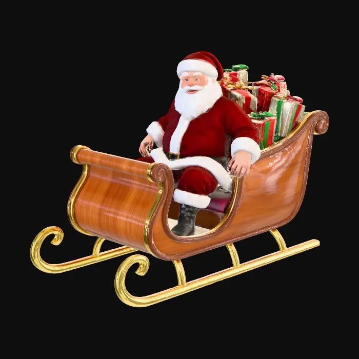 3D model for Un allegro Babbo Natale, robusto e gioviale, siede in un'ornata slitta di legno lucido con pattini dorati. Indossa un vibrante abito di velluto rosso bordato di soffice pelliccia bianca e stivali di pelle nera. Il suo viso è roseo con una lunga barba bianca e un sorriso caloroso. La slitta è colma di pacchi natalizi splendidamente incartati di varie dimensioni, con carta lucida in colori festivi e nastri di raso setoso, accuratamente impilati attorno a lui.