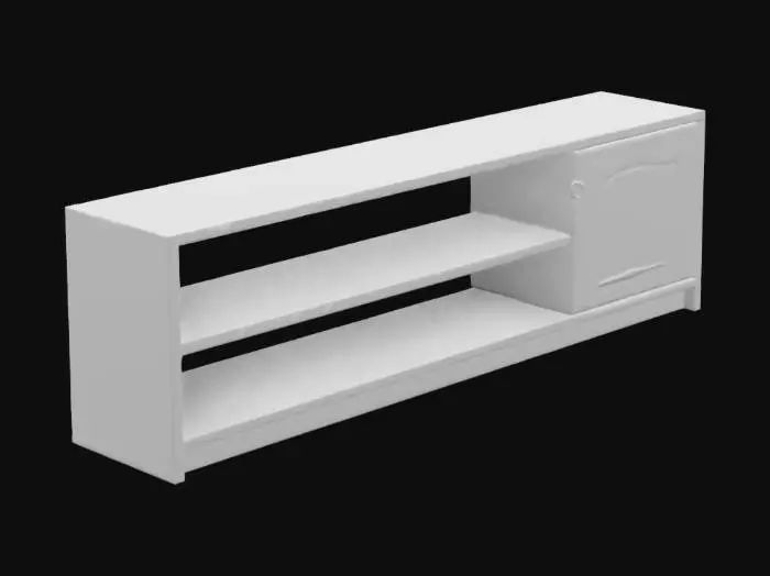 3D model for The object is a rectangular wooden sideboard with straight, clean lines, featuring a smooth, natural wood texture and two shelves alongside a cabinet door on the right.
