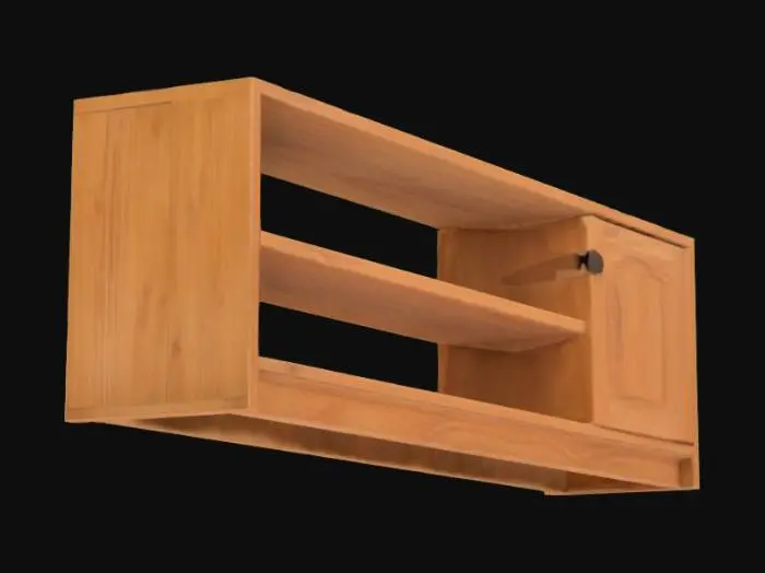 3D model for The object is a rectangular wooden sideboard with straight, clean lines, featuring a smooth, natural wood texture and two shelves alongside a cabinet door on the right.