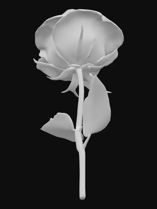 3D model for “A realistic 3D rose model with delicately curved petals spiraling around the center, forming a natural rose bloom. The stem is slender and straight, with detailed leaves showing subtle vein textures. Organic but smooth surfaces, high-detail geometry, STL/OBJ printable, clean edges, support-free 3D print friendly.”