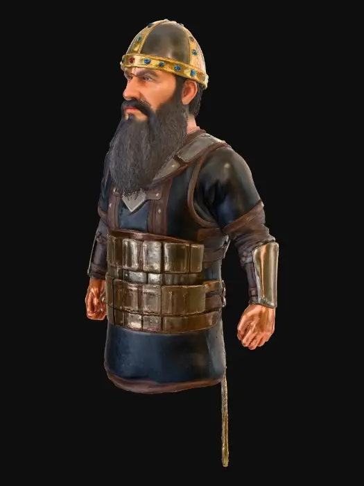 3D model for The image depicts a middle-aged man shown from mid-thigh upward, standing in a three-quarter view, facing slightly to the viewer’s right. His posture is upright and firm. The head is turned to the right, eyes looking forward and slightly upward, not toward the viewer. He has a long, full dark beard with a slightly unkempt texture; the mustache blends into the beard and covers the upper lip. The face is angular, with a prominent nose and deep-set eyes. His expression is serious and resolute, lips closed. Skin tones are warm, rendered in golden, brown, and reddish hues with painterly texture. He wears a rounded metallic helmet or circlet, decorated with golden ornamental bands and embedded colored stones, suggested as blue and red. The metal appears aged, with a muted, non-polished sheen. Th