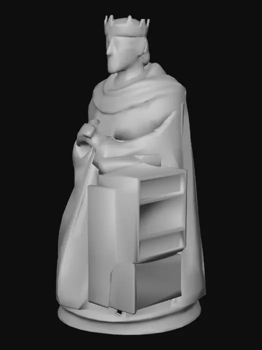 3D model for Below is a strict, illustrator-oriented description in English, written so the image can be recreated without seeing the original.
It avoids symbolism and interpretation and focuses only on observable form, materials, color, lighting, texture, and composition.
Subject and Composition
The image depicts a male ruler shown from approximately mid-torso upward. The figure is positioned slightly off-center, with the upper body turned subtly toward the viewer’s left. The head is angled slightly downward and forward, facing almost directly toward the viewer. The posture is upright and solid, conveying stability and authority without visible movement.
The background is entirely non-figurative, consisting of a textured, painterly surface with no architectural or landscape elements. The background fi