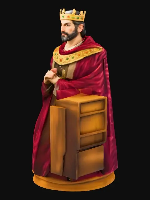 3D model for Below is a strict, illustrator-oriented description in English, written so the image can be recreated without seeing the original.
It avoids symbolism and interpretation and focuses only on observable form, materials, color, lighting, texture, and composition.
Subject and Composition
The image depicts a male ruler shown from approximately mid-torso upward. The figure is positioned slightly off-center, with the upper body turned subtly toward the viewer’s left. The head is angled slightly downward and forward, facing almost directly toward the viewer. The posture is upright and solid, conveying stability and authority without visible movement.
The background is entirely non-figurative, consisting of a textured, painterly surface with no architectural or landscape elements. The background fi