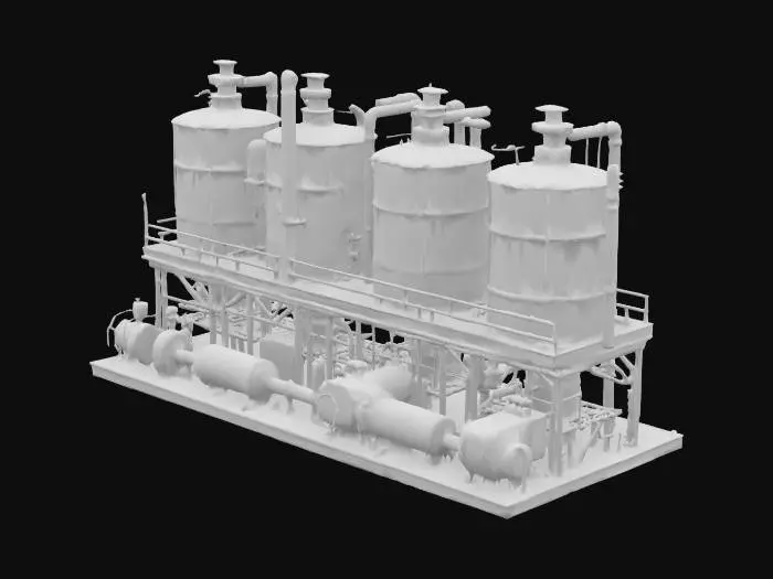 3D model for industrial machine unit prop with fluid silos and complicated mechanisms with grim and grimy industrial factory rusty look