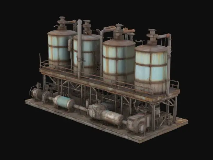 3D model for industrial machine unit prop with fluid silos and complicated mechanisms with grim and grimy industrial factory rusty look