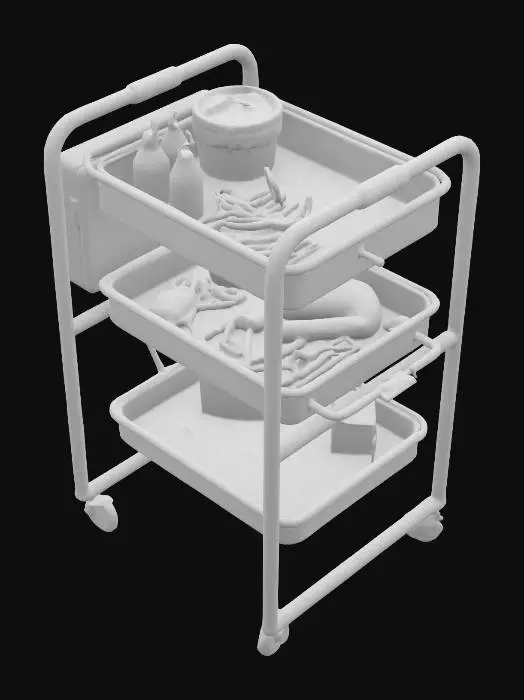 3D model for hospital medical cart prop with surgical tray and medical instruments and grim and grimy industrial factory rusty look
