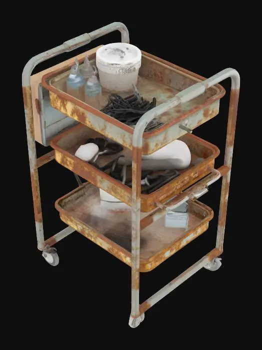 3D model for hospital medical cart prop with surgical tray and medical instruments and grim and grimy industrial factory rusty look