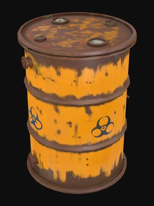 3D model for hospital medical biohazardous waste barrel prop with industrial storage size and grim and grimy industrial factory rusty look