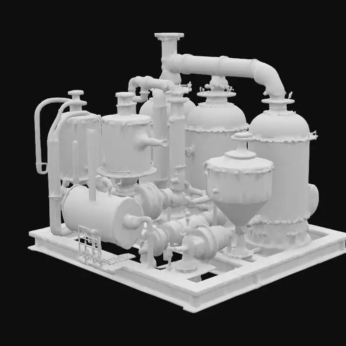 3D model for industrial machine unit prop with fluid silos and complicated mechanisms with grim and grimy industrial factory rusty look