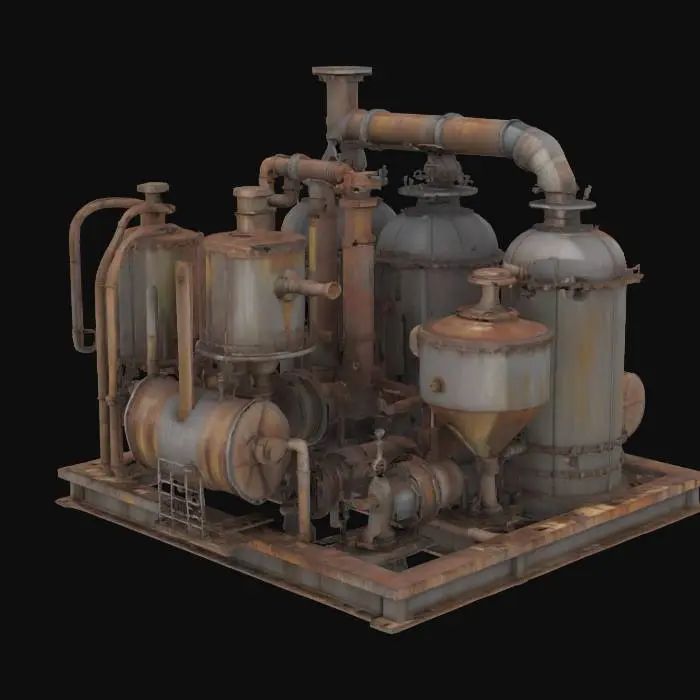 3D model for industrial machine unit prop with fluid silos and complicated mechanisms with grim and grimy industrial factory rusty look
