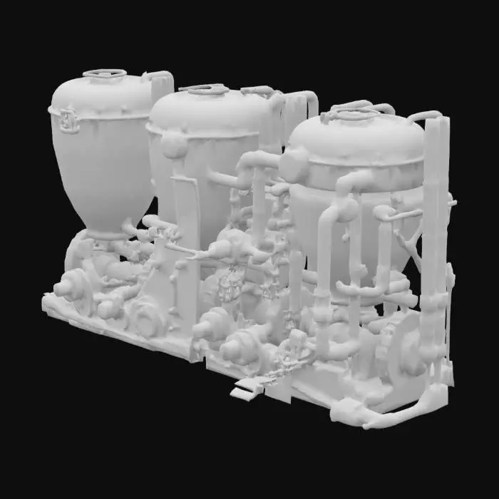 3D model for industrial machine unit prop with fluid silos and complicated mechanisms with grim and grimy industrial factory rusty look
