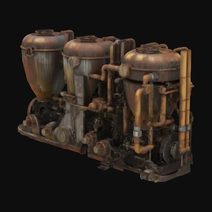 3D model for industrial machine unit prop with fluid silos and complicated mechanisms with grim and grimy industrial factory rusty look