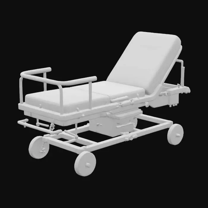 3D model for hospital medical gurney table prop with attached surgical tray with grim and grimy industrial factory rusty look