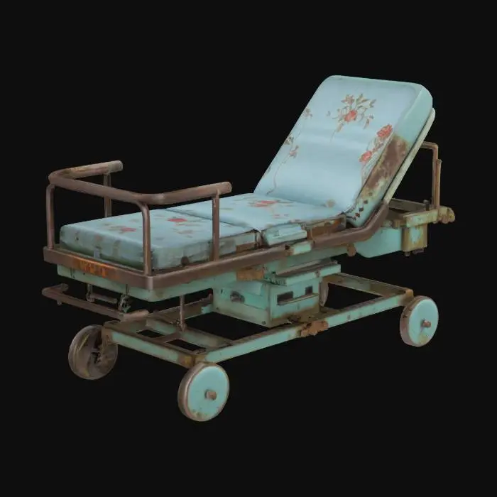 3D model for hospital medical gurney table prop with attached surgical tray with grim and grimy industrial factory rusty look