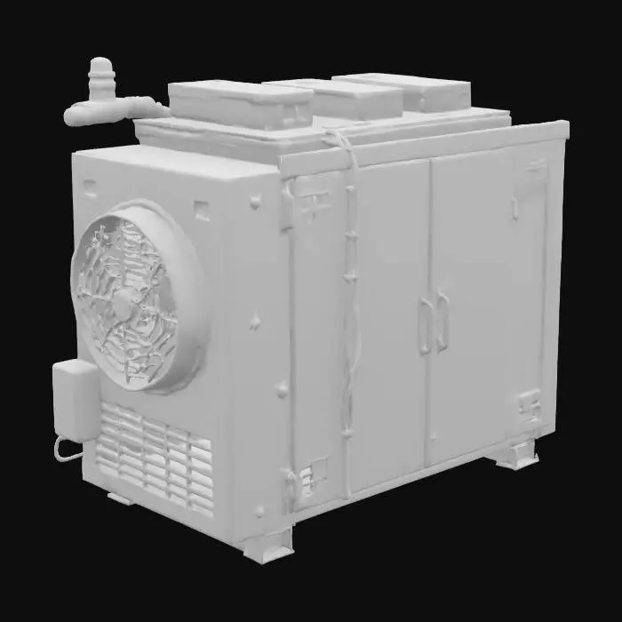 3D model for hospital medical refrigeration unit prop with industrial power supply and grim and grimy industrial factory rusty look