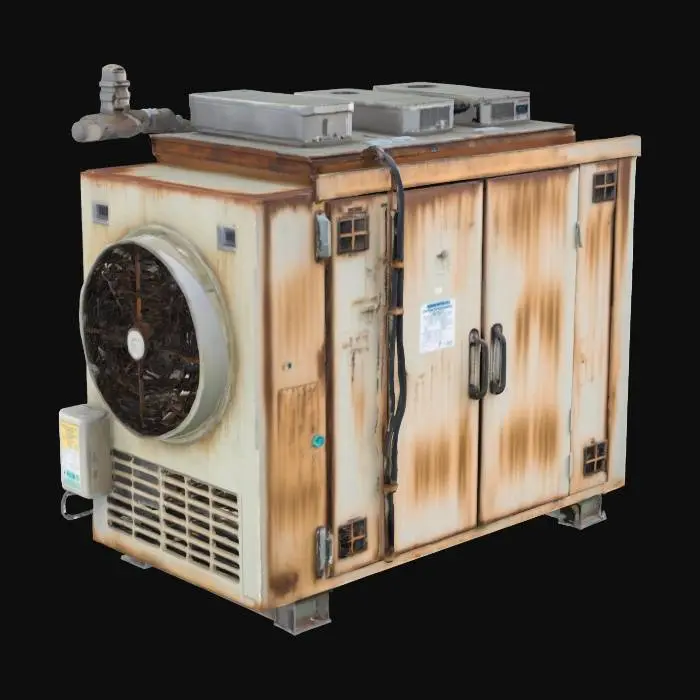 3D model for hospital medical refrigeration unit prop with industrial power supply and grim and grimy industrial factory rusty look
