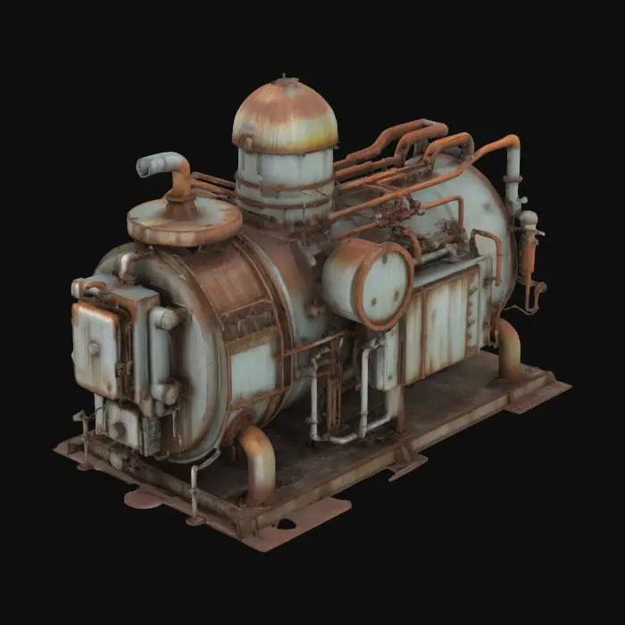 3D model for industrial machine unit prop with fluid silos and complicated mechanisms with grim and grimy industrial factory rusty look