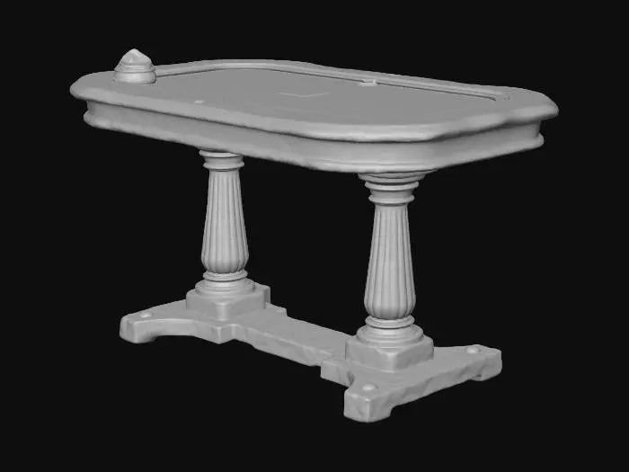 3D model for Premium game-ready 3D magician trick table for Vex the illusionist in a TikTok Live arcade show. Small elegant stage table with black lacquer wood, deep red velvet top, subtle gold trim, luxury illusionist style, clean readable silhouette, stable base, compact performance scale, designed for cards, coins, tickets, and reveal props. Premium PBR materials, clean topology, centered origin, optimized for WebGL/Three.js, GLB export. Single prop only, no background, no text, no extra objects.