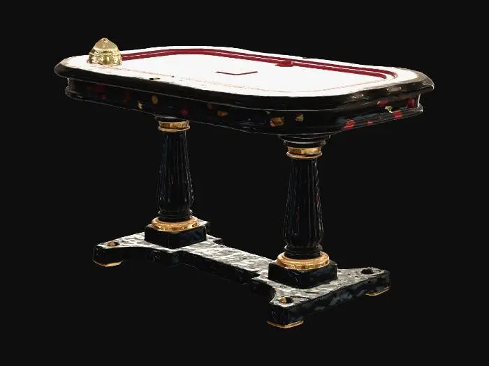3D model for Premium game-ready 3D magician trick table for Vex the illusionist in a TikTok Live arcade show. Small elegant stage table with black lacquer wood, deep red velvet top, subtle gold trim, luxury illusionist style, clean readable silhouette, stable base, compact performance scale, designed for cards, coins, tickets, and reveal props. Premium PBR materials, clean topology, centered origin, optimized for WebGL/Three.js, GLB export. Single prop only, no background, no text, no extra objects.