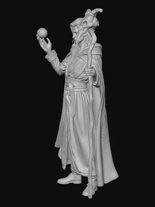3D model for A young male wizard miniature, mid-20s, wearing deep crimson robes inspired by Raistlin Majere. Long silver hair, sharp features, intense but youthful expression. Holding a tall wizard’s staff topped with a dragon’s claw gripping a glowing purple crystal. Casting a spell, with arcane energy swirling around his hands and staff. Wearing a bird-skull necklace, with several pouches and spell components hanging from the robe’s belt. High-detail fantasy style, sculpted miniature aesthetic, clean silhouette, dramatic folds in the cloth, leather and bone material accuracy, staff carved with runic patterns. Heroic 32mm heroic-scale proportions, designed for tabletop printing, with clear, crisp details and no overly thin elements.