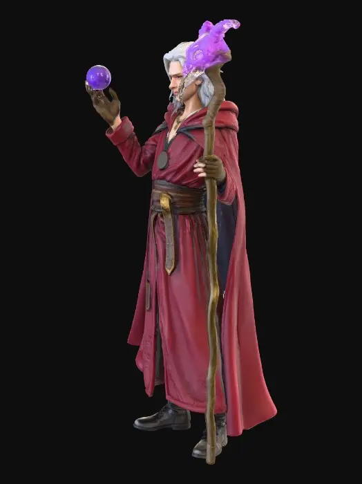 3D model for A young male wizard miniature, mid-20s, wearing deep crimson robes inspired by Raistlin Majere. Long silver hair, sharp features, intense but youthful expression. Holding a tall wizard’s staff topped with a dragon’s claw gripping a glowing purple crystal. Casting a spell, with arcane energy swirling around his hands and staff. Wearing a bird-skull necklace, with several pouches and spell components hanging from the robe’s belt. High-detail fantasy style, sculpted miniature aesthetic, clean silhouette, dramatic folds in the cloth, leather and bone material accuracy, staff carved with runic patterns. Heroic 32mm heroic-scale proportions, designed for tabletop printing, with clear, crisp details and no overly thin elements.