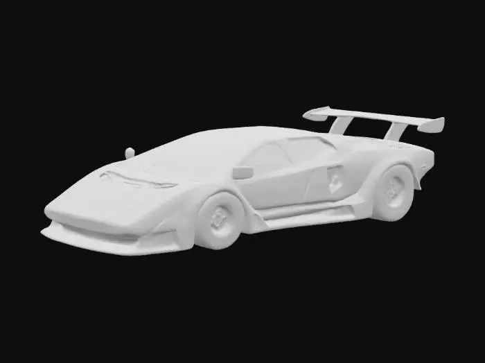 3D model for La imagen presenta un renderizado digital de un automóvil deportivo, que parece ser una versión modificada del icónico Lamborghini Countach. El coche es de un color morado oscuro, casi negro, con un acabado brillante que refleja la luz. Se destacan las llantas de oro, un contraste llamativo con el color oscuro de la carrocería. El diseño del coche es agresivo y aerodinámico, con un alerón trasero grande y prominente que sugiere un enfoque en la velocidad y el rendimiento. Las líneas del coche son nítidas y definidas, y el diseño general es moderno pero con reminiscencias del estilo clásico del Countach. Se pueden apreciar detalles como los faros delanteros, las entradas de aire, y las líneas distintivas del vehículo.