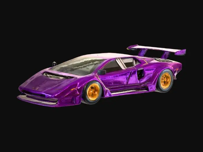 3D model for La imagen presenta un renderizado digital de un automóvil deportivo, que parece ser una versión modificada del icónico Lamborghini Countach. El coche es de un color morado oscuro, casi negro, con un acabado brillante que refleja la luz. Se destacan las llantas de oro, un contraste llamativo con el color oscuro de la carrocería. El diseño del coche es agresivo y aerodinámico, con un alerón trasero grande y prominente que sugiere un enfoque en la velocidad y el rendimiento. Las líneas del coche son nítidas y definidas, y el diseño general es moderno pero con reminiscencias del estilo clásico del Countach. Se pueden apreciar detalles como los faros delanteros, las entradas de aire, y las líneas distintivas del vehículo.
