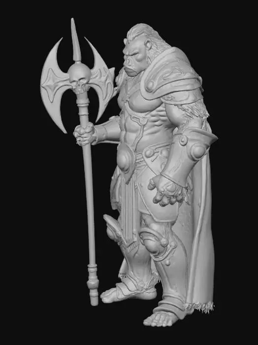 3D model for Build a warrior that is a Human character that has features of a Silverback Gorilla he wears heavy death knight style plate armor and carries a very 2 headed large battle axe with a glowing skull in the middle of the blade