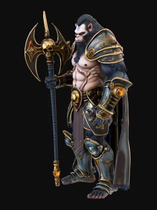 3D model for Build a warrior that is a Human character that has features of a Silverback Gorilla he wears heavy death knight style plate armor and carries a very 2 headed large battle axe with a glowing skull in the middle of the blade