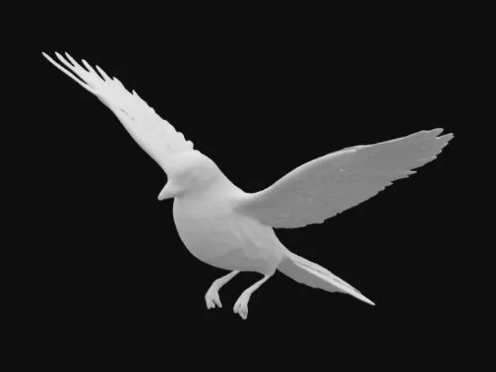 3D model for A beautiful feminine little sparrow with long, elegant feathers and fully extended wings. Its round, fluffy body is covered in soft down, with long, flowing tail feathers. The long, graceful wings display an intricate layered pattern, slightly arched as if gliding.  the feathers are golden with vibrant iridescent pastels. The high-detail mesh should be smooth, well-defined, and slightly stylized, suitable for animation or rendering."