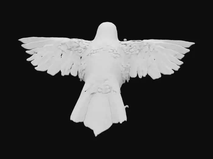 3D model for A plump feminine little sparrow with long, elegant feathers and fully extended wings. Its round, fluffy body is covered in soft down, with delicate, flowing tail feathers. The wings display an intricate layered pattern, slightly arched as if gliding.  the feathers are golden withsubtle iridescent pastels. The high-detail mesh should be smooth, well-defined, and slightly stylized, suitable for animation or rendering."