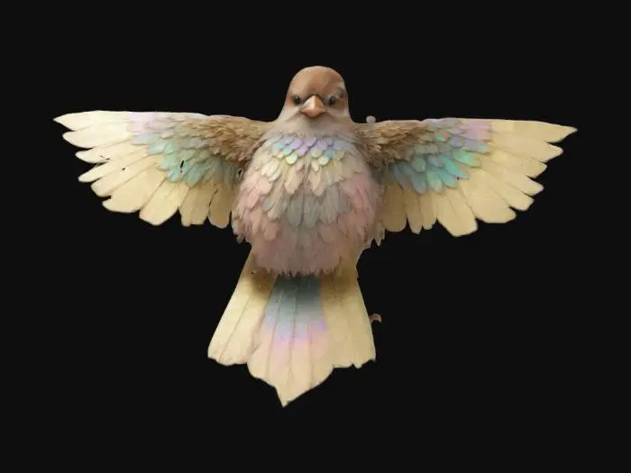 3D model for A plump feminine little sparrow with long, elegant feathers and fully extended wings. Its round, fluffy body is covered in soft down, with delicate, flowing tail feathers. The wings display an intricate layered pattern, slightly arched as if gliding.  the feathers are golden withsubtle iridescent pastels. The high-detail mesh should be smooth, well-defined, and slightly stylized, suitable for animation or rendering."