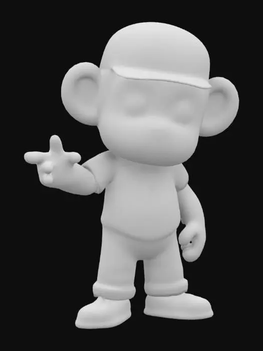 3D model for A stylized cartoon monkey with Hispanic features, curly shaggy hair under a backwards cap. He has a youthful, handsome face with brooding features. He wears a t-shirt, denim jeans, and black sneakers with black soles. His fur is warm brown with subtle shading. Standing in a T-pose, arms straight out to the sides. The model is clean, smooth, and optimized for animation, with a blend of cartoon and semi-realistic aesthetics